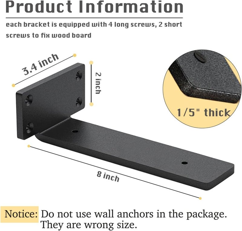 WINKER 4 Pack Shelf Brackets 8 Inch Floating Shelf Bracket 1/5 inch Thick Heavy Duty Hidden Shelf Brackets Iron Metal Brackets for Shelf Support with Screw Included - Image 2